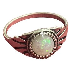Vintage Style Silver Tone White Faux Opal Round Bezel Ring Size 6.75 Boho